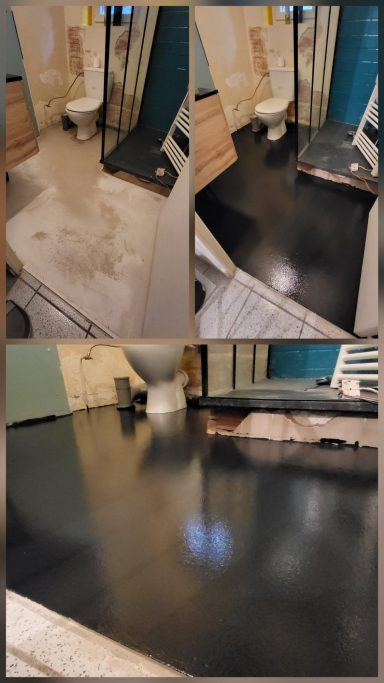 Ragréage + Résine noir sur sol de salle de bain Ragréage + Résine noir sur sol de salle de bain