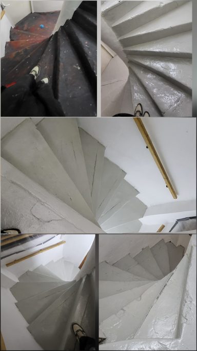 Résine sol escalier 4 étages couleurs Gris clair Escalier en cours de rénovation, montrant des étapes de peinture et de finition.