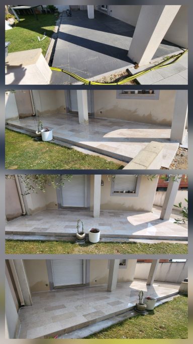 Jolie terrasse en travertin Pose de carrelage travertin